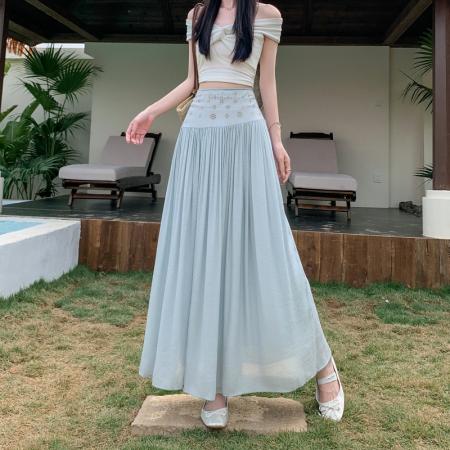 BY14484# 波西米亚棉麻半身裙女春夏薄款复古高腰显瘦垂感A字长裙 服裝批發女裝批發服飾貨源