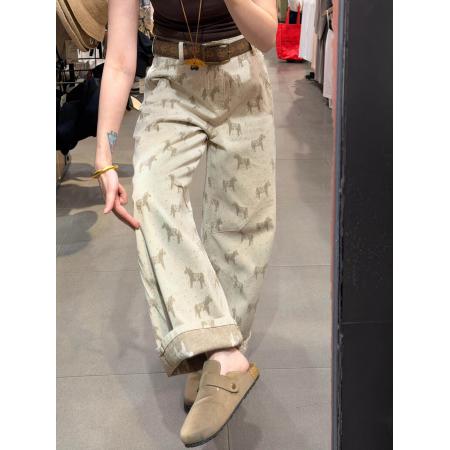 BY14487# 卡其色印花宽松直筒牛仔裤女夏季新款高腰显瘦休闲百搭窄版阔腿裤 服裝批發女裝批發服飾貨源