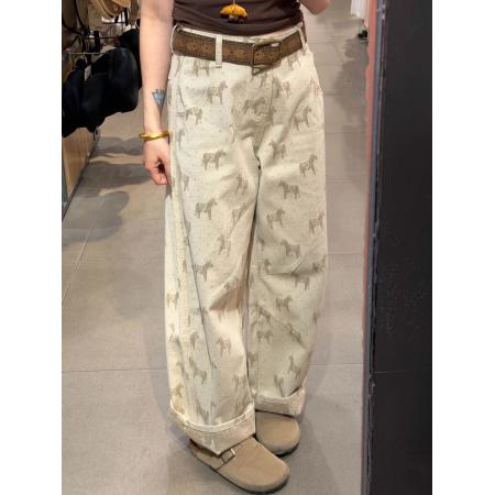 BY14487# 卡其色印花宽松直筒牛仔裤女夏季新款高腰显瘦休闲百搭窄版阔腿裤 服裝批發女裝批發服飾貨源