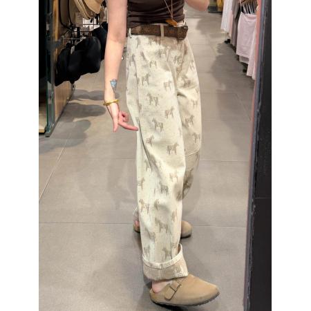 BY14487# 卡其色印花宽松直筒牛仔裤女夏季新款高腰显瘦休闲百搭窄版阔腿裤 服裝批發女裝批發服飾貨源