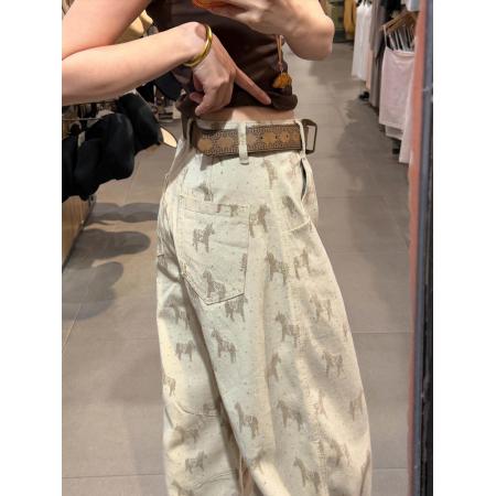 BY14487# 卡其色印花宽松直筒牛仔裤女夏季新款高腰显瘦休闲百搭窄版阔腿裤 服裝批發女裝批發服飾貨源