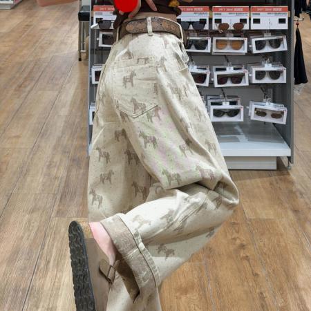 BY14487# 卡其色印花宽松直筒牛仔裤女夏季新款高腰显瘦休闲百搭窄版阔腿裤 服裝批發女裝批發服飾貨源