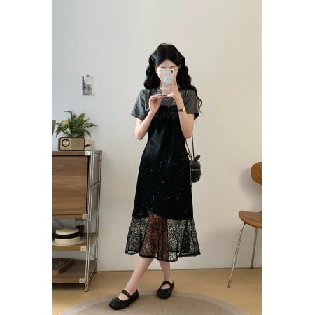 BY14492# 夏季大码胖MM法式气质高级感蕾丝拼接假两件显瘦连衣裙 服裝批發女裝批發服飾貨源