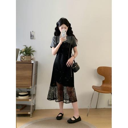 BY14492# 夏季大码胖MM法式气质高级感蕾丝拼接假两件显瘦连衣裙 服裝批發女裝批發服飾貨源