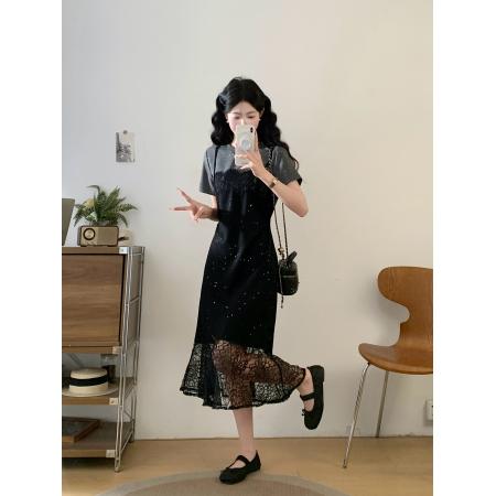 BY14492# 夏季大码胖MM法式气质高级感蕾丝拼接假两件显瘦连衣裙 服裝批發女裝批發服飾貨源