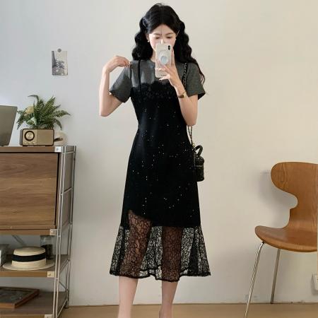 BY14492# 夏季大码胖MM法式气质高级感蕾丝拼接假两件显瘦连衣裙 服裝批發女裝批發服飾貨源