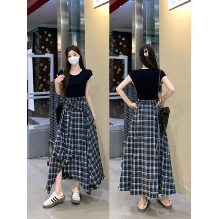 BY14495# 大码小众收腰显瘦黑色上衣拼接不规则休闲格子假两件连衣裙 服裝批發女裝批發服飾貨源