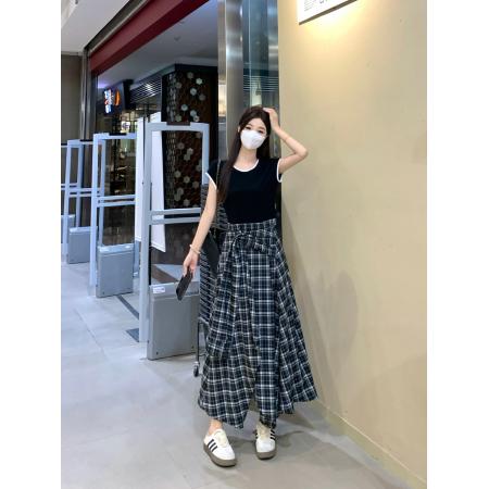 BY14495# 大码小众收腰显瘦黑色上衣拼接不规则休闲格子假两件连衣裙 服裝批發女裝批發服飾貨源