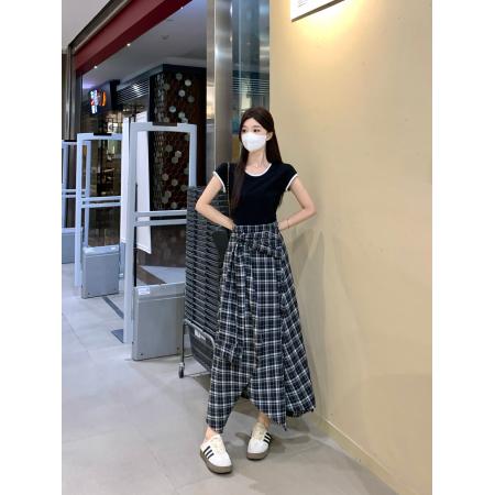 BY14495# 大码小众收腰显瘦黑色上衣拼接不规则休闲格子假两件连衣裙 服裝批發女裝批發服飾貨源