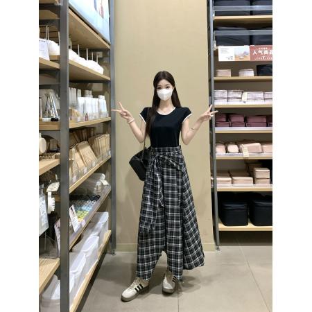 BY14495# 大码小众收腰显瘦黑色上衣拼接不规则休闲格子假两件连衣裙 服裝批發女裝批發服飾貨源