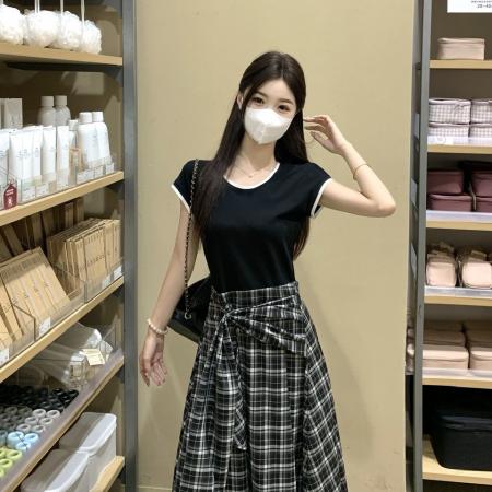 BY14495# 大码小众收腰显瘦黑色上衣拼接不规则休闲格子假两件连衣裙 服裝批發女裝批發服飾貨源