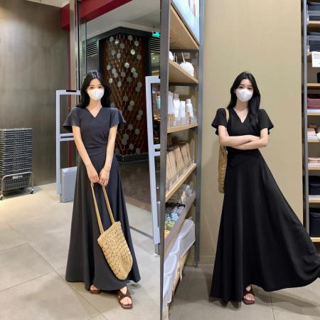 BY14503# 大码v领不规则褶皱显瘦设计短袖小衫＋松紧腰纯色半身裙套装 服裝批發女裝批發服飾貨源