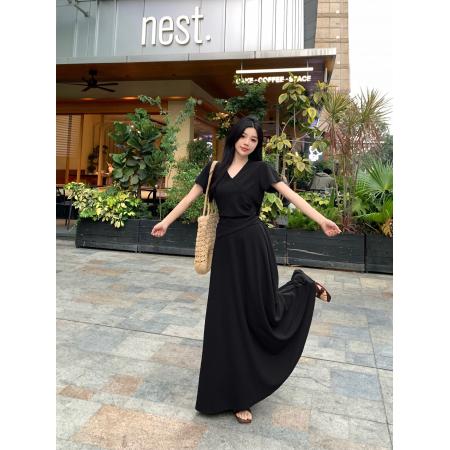 BY14503# 大码v领不规则褶皱显瘦设计短袖小衫＋松紧腰纯色半身裙套装 服裝批發女裝批發服飾貨源