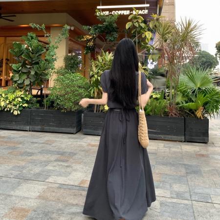 BY14503# 大码v领不规则褶皱显瘦设计短袖小衫＋松紧腰纯色半身裙套装 服裝批發女裝批發服飾貨源