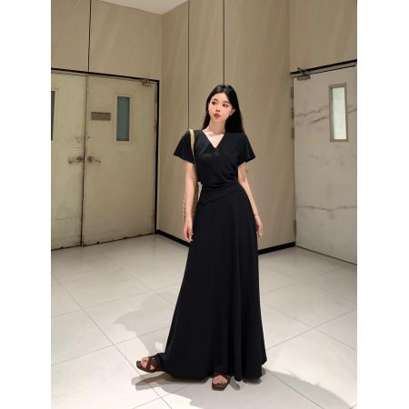 BY14503# 大码v领不规则褶皱显瘦设计短袖小衫＋松紧腰纯色半身裙套装 服裝批發女裝批發服飾貨源