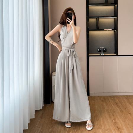 BY14504# 新款V领挂脖无袖连体裤女夏季休闲风收腰修身阔腿裤长裤 服裝批發女裝批發服飾貨源