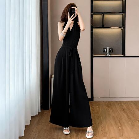 BY14504# 新款V领挂脖无袖连体裤女夏季休闲风收腰修身阔腿裤长裤 服裝批發女裝批發服飾貨源