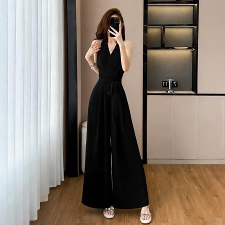 BY14504# 新款V领挂脖无袖连体裤女夏季休闲风收腰修身阔腿裤长裤 服裝批發女裝批發服飾貨源