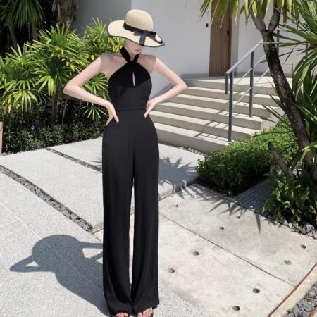 BY14505# 泰式旅行穿搭挂脖连体裤女夏季气质名媛高级感垂感黑色直筒拖地裤 服裝批發女裝批發服飾貨源