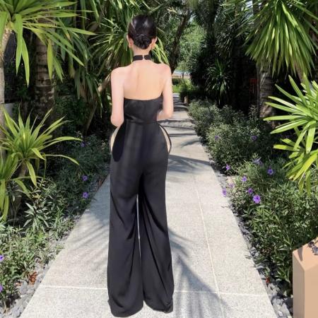 BY14505# 泰式旅行穿搭挂脖连体裤女夏季气质名媛高级感垂感黑色直筒拖地裤 服裝批發女裝批發服飾貨源