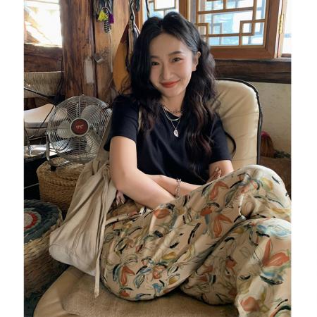 BY14506# 休闲花裤子夏季新款垂感高腰宽松显瘦直筒拖地裤外贸韩单爆款 服裝批發女裝批發服飾貨源