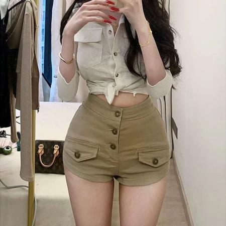 BY14516# 老钱风纯欲丰胯牛仔短裤女夏季新款多扣高腰紧身显瘦包臀热裤 服裝批發女裝批發服飾貨源