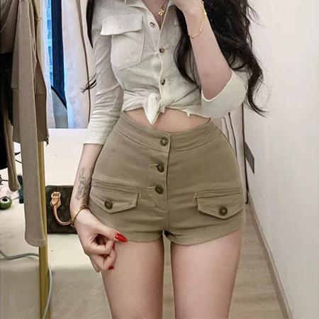 BY14516# 老钱风纯欲丰胯牛仔短裤女夏季新款多扣高腰紧身显瘦包臀热裤 服裝批發女裝批發服飾貨源