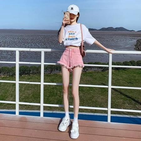 BY14524# 韩版夏季条纹牛仔短裤女潮外穿时尚高腰毛边显瘦薄款牛仔裤 服裝批發女裝批發服飾貨源