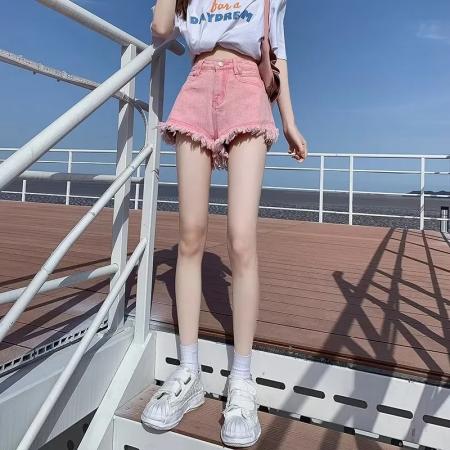 BY14524# 韩版夏季条纹牛仔短裤女潮外穿时尚高腰毛边显瘦薄款牛仔裤 服裝批發女裝批發服飾貨源