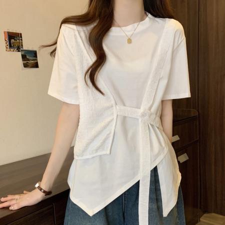 BY14527# 夏季宽松显瘦假两件不规则下摆设计圆领短袖T恤女 服裝批發女裝批發服飾貨源