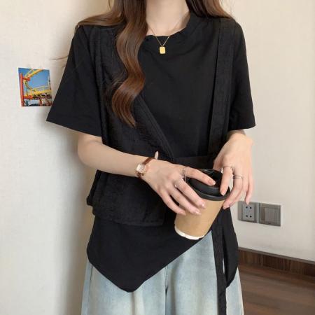 BY14527# 夏季宽松显瘦假两件不规则下摆设计圆领短袖T恤女 服裝批發女裝批發服飾貨源