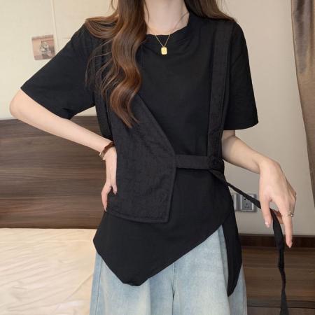 BY14527# 夏季宽松显瘦假两件不规则下摆设计圆领短袖T恤女 服裝批發女裝批發服飾貨源