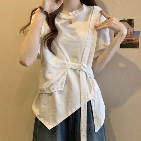 BY14527# 夏季宽松显瘦假两件不规则下摆设计圆领短袖T恤女 服裝批發女裝批發服飾貨源