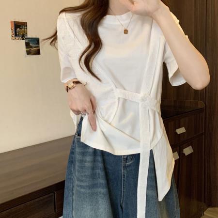 BY14527# 夏季宽松显瘦假两件不规则下摆设计圆领短袖T恤女 服裝批發女裝批發服飾貨源