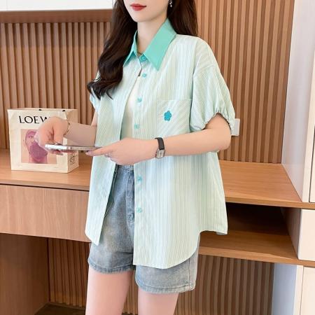 BY14531# 涤纶条纹Polo领衬衫女甜美泡泡袖设计感宽松上衣 服裝批發女裝批發服飾貨源