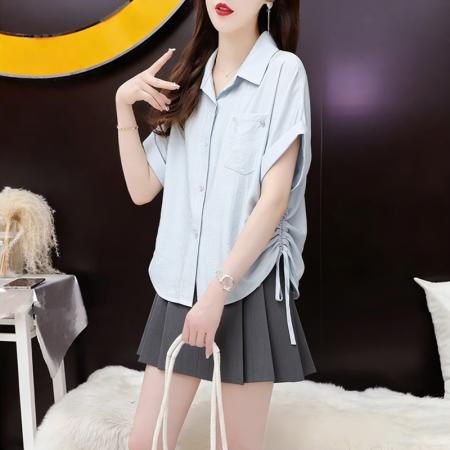 BY14536# 夏季薄款宽松系带短袖衬衫女外搭外套衬衣 服裝批發女裝批發服飾貨源