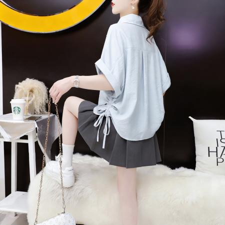 BY14536# 夏季薄款宽松系带短袖衬衫女外搭外套衬衣 服裝批發女裝批發服飾貨源