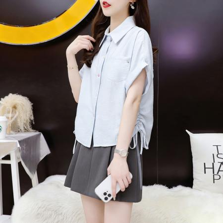 BY14536# 夏季薄款宽松系带短袖衬衫女外搭外套衬衣 服裝批發女裝批發服飾貨源