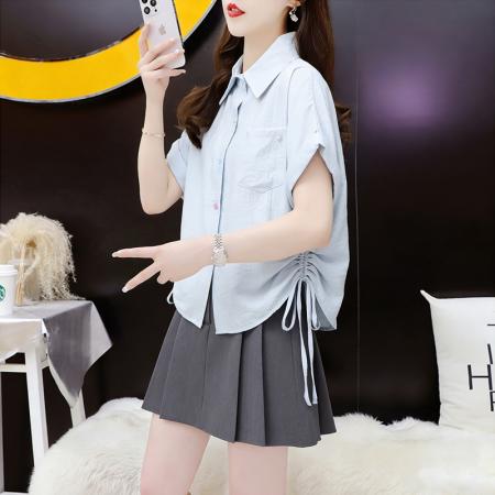 BY14536# 夏季薄款宽松系带短袖衬衫女外搭外套衬衣 服裝批發女裝批發服飾貨源