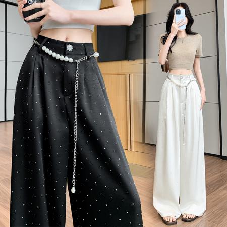 BY14546# 醋酸缎面闪钻阔腿裤女夏季新款高腰垂感冰丝薄款直筒休闲裤子 服裝批發女裝批發服飾貨源