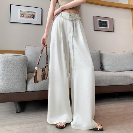 BY14546# 醋酸缎面闪钻阔腿裤女夏季新款高腰垂感冰丝薄款直筒休闲裤子 服裝批發女裝批發服飾貨源