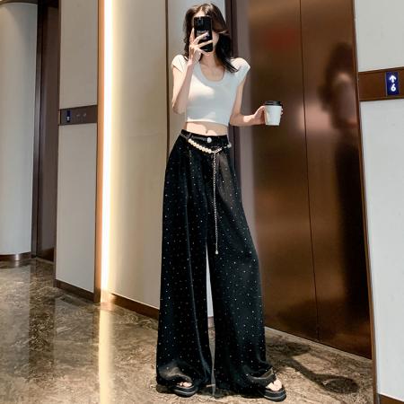 BY14546# 醋酸缎面闪钻阔腿裤女夏季新款高腰垂感冰丝薄款直筒休闲裤子 服裝批發女裝批發服飾貨源