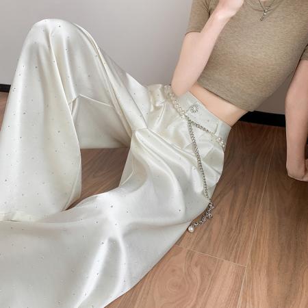 BY14546# 醋酸缎面闪钻阔腿裤女夏季新款高腰垂感冰丝薄款直筒休闲裤子 服裝批發女裝批發服飾貨源