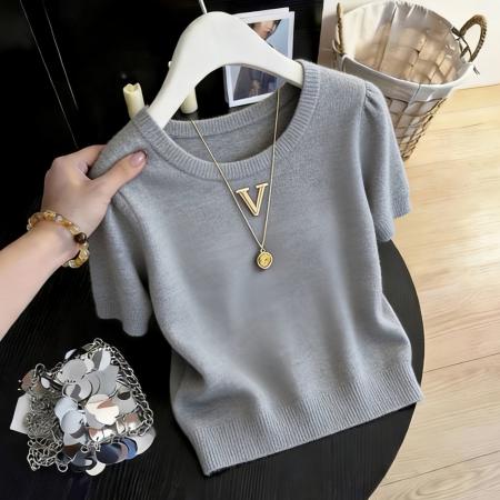 BY14547# 减龄圆领字母正肩短袖针织T恤女春夏新款修身显瘦百搭上衣潮 服裝批發女裝批發服飾貨源