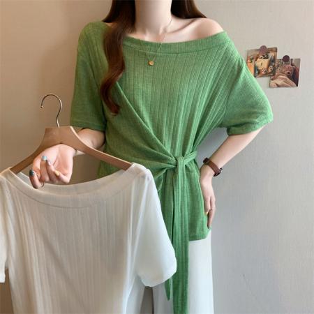 BY14550# 夏季新款大码一字肩绑带收腰针织衫胖MM遮肉显瘦不规则短袖上衣 服裝批發女裝批發服飾貨源