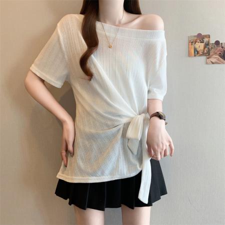 BY14550# 夏季新款大码一字肩绑带收腰针织衫胖MM遮肉显瘦不规则短袖上衣 服裝批發女裝批發服飾貨源