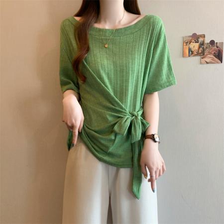 BY14550# 夏季新款大码一字肩绑带收腰针织衫胖MM遮肉显瘦不规则短袖上衣 服裝批發女裝批發服飾貨源