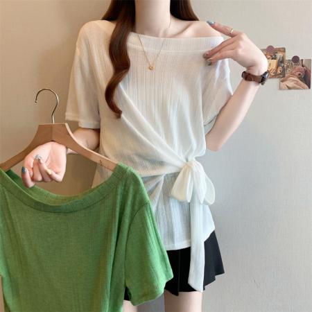 BY14550# 夏季新款大码一字肩绑带收腰针织衫胖MM遮肉显瘦不规则短袖上衣 服裝批發女裝批發服飾貨源