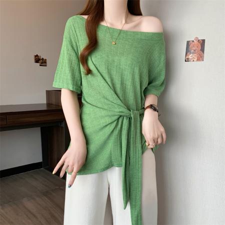 BY14550# 夏季新款大码一字肩绑带收腰针织衫胖MM遮肉显瘦不规则短袖上衣 服裝批發女裝批發服飾貨源