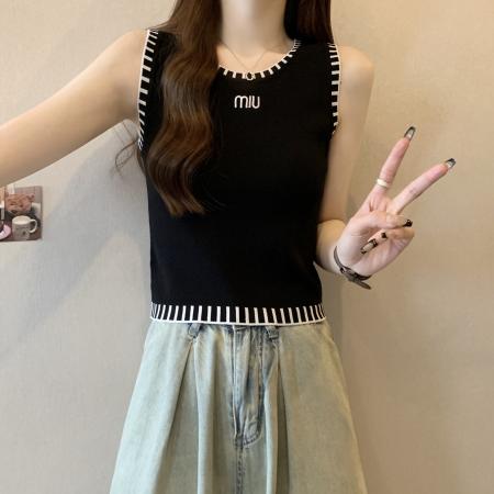 BY14551# 大码女装26春夏新款撞色明线针织背心微胖MM显瘦内搭外穿无袖上衣 服裝批發女裝批發服飾貨源